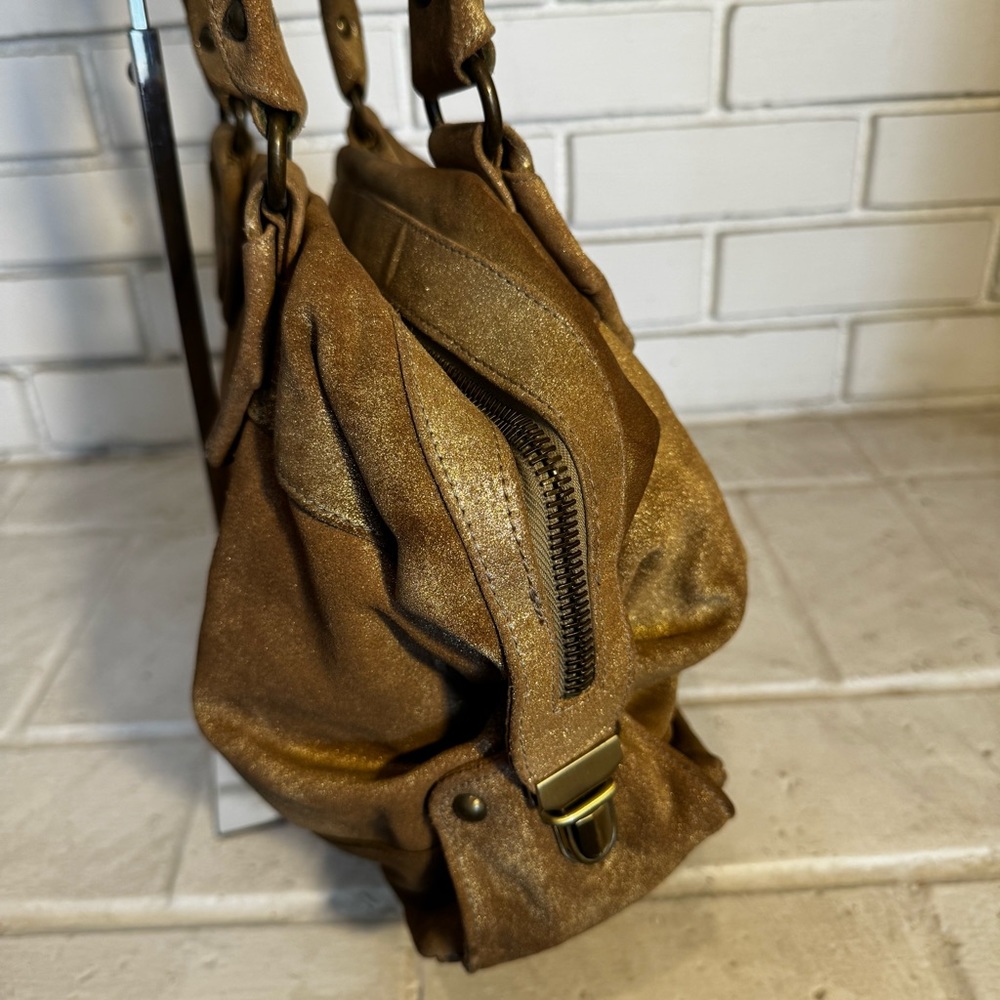 Kale Brown / Gold Metallic Suede Satchel Bag with Pink Suede Interior - Picture 7 of 15